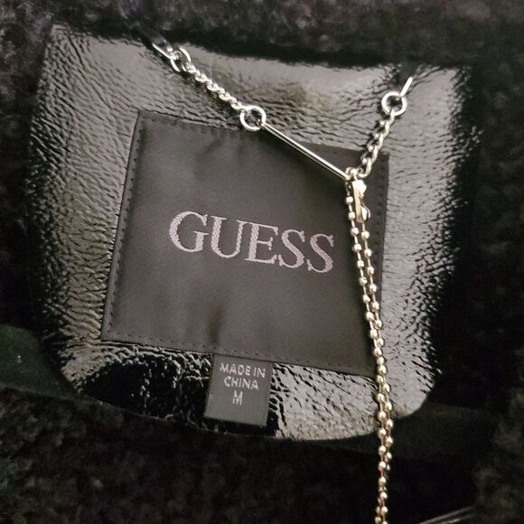 Guess Gift Black Bomber Jacket Faux Leather And Sherling Size M Shiny Vegan - Picture 6 of 9